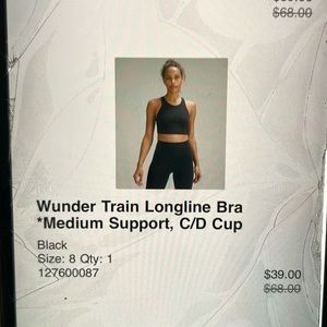 Lululemon wunder train longline bra black medium support CD cup, size 8